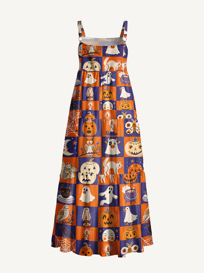 Vintage Halloween Patchwork Print Wide Straps Maxi Dress With Pockets