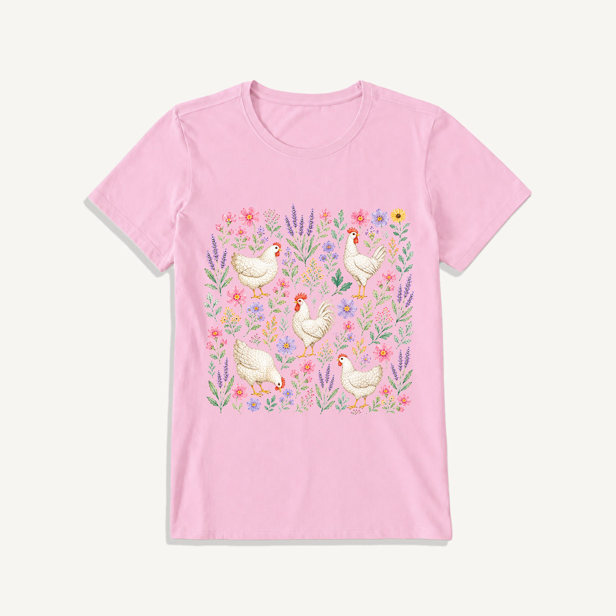 Blooming White Chicken Meadow Print Crew Neck Cotton Tee