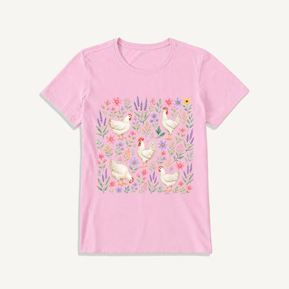Blooming White Chicken Meadow Print Crew Neck Cotton Tee