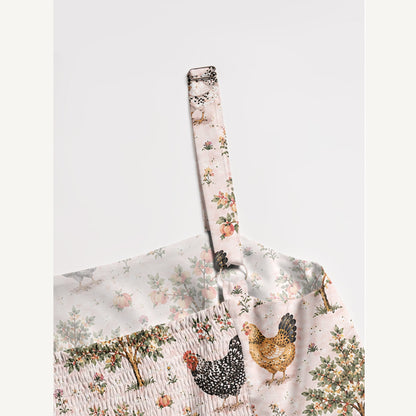 Farm Orchard with Chickens and Trees Print Wide Straps Maxi Dress With Pockets