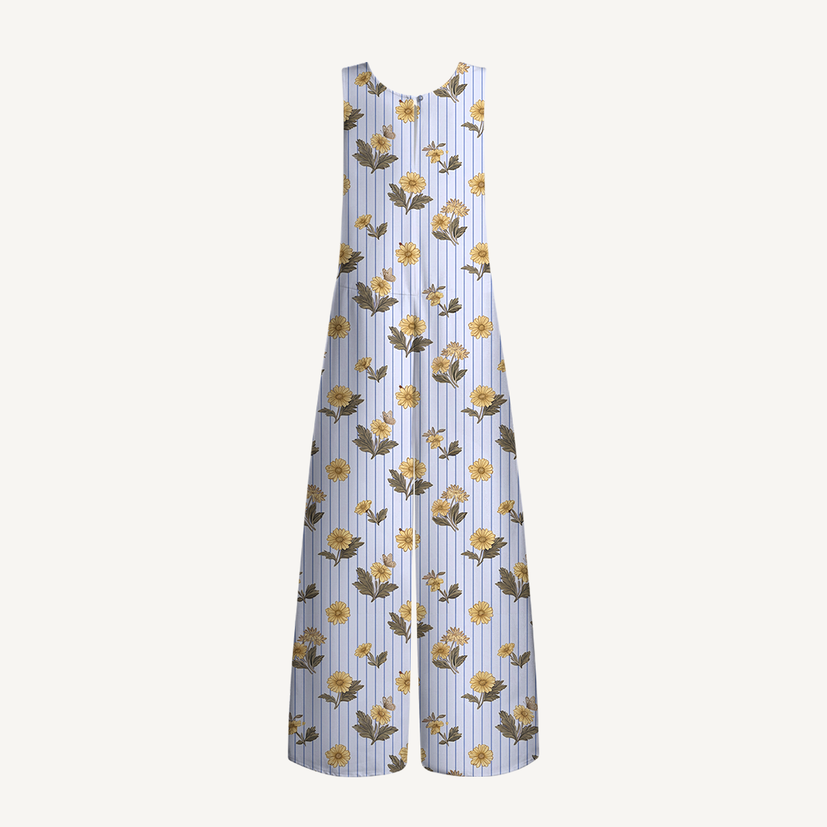 V-Neck Blue Marigold Boho Jumpsuit with Pockets for Women