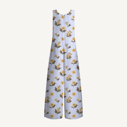 V-Neck Blue Marigold Boho Jumpsuit with Pockets for Women
