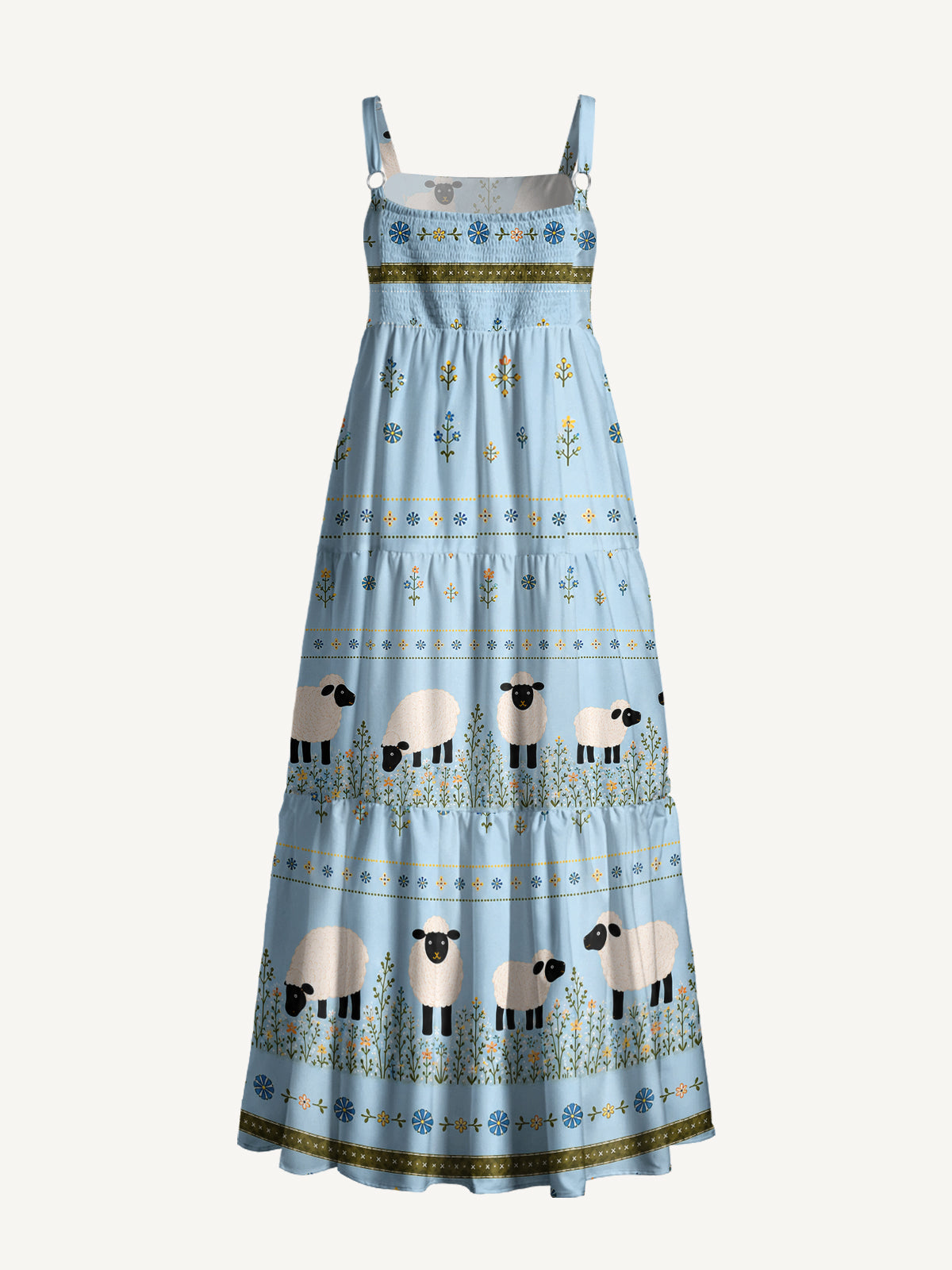 Blue Meadow Sheep Print Wide Straps Maxi Dress With Pockets