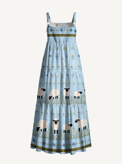 Blue Meadow Sheep Print Wide Straps Maxi Dress With Pockets
