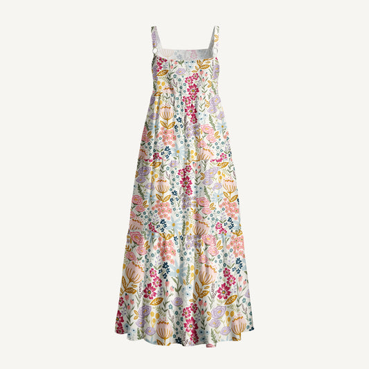 Cottagecore Meadow Flowers Print Wide Straps Maxi Dress With Pockets