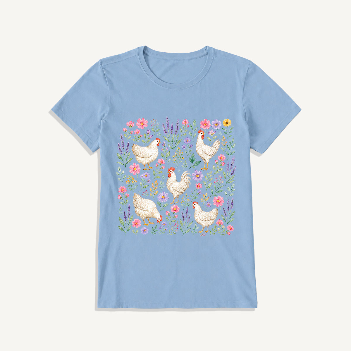 Blooming White Chicken Meadow Print Crew Neck Cotton Tee