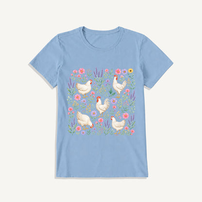 Blooming White Chicken Meadow Print Crew Neck Cotton Tee