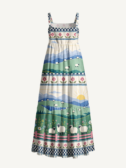 Mountain Meadow Sheep Print Wide Straps Maxi Dress With Pockets