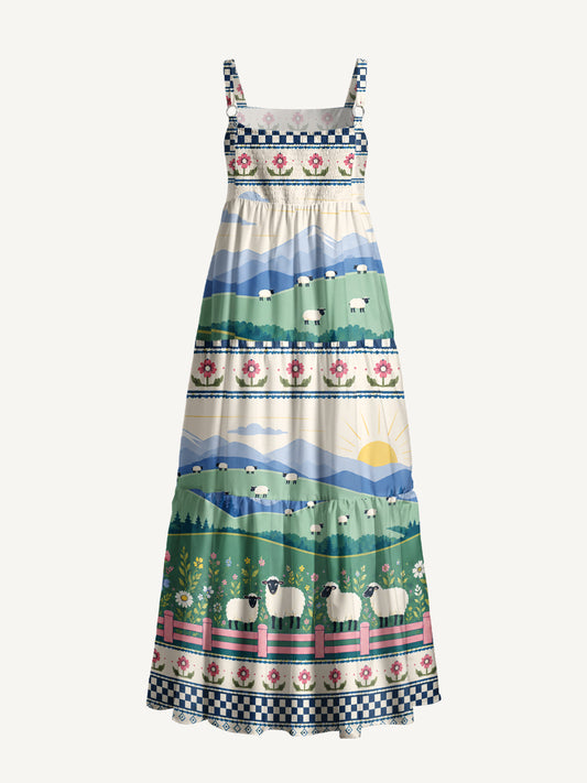 Mountain Meadow Sheep Print Wide Straps Maxi Dress With Pockets