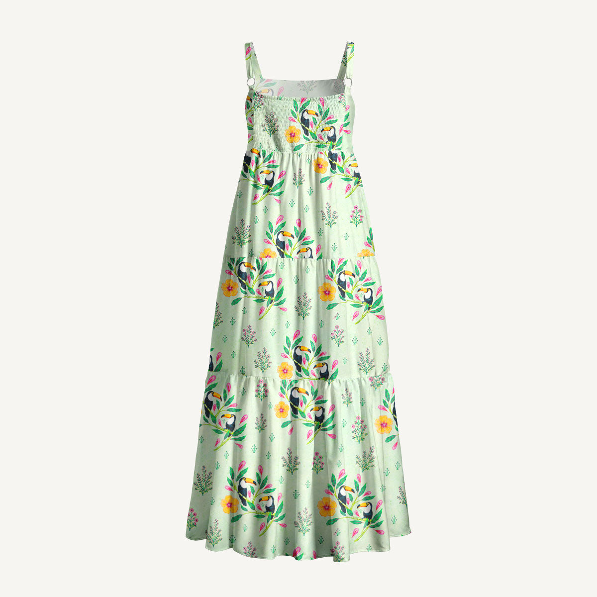 Tropical Toucan Garden Print Wide Straps Maxi Dress With Pockets