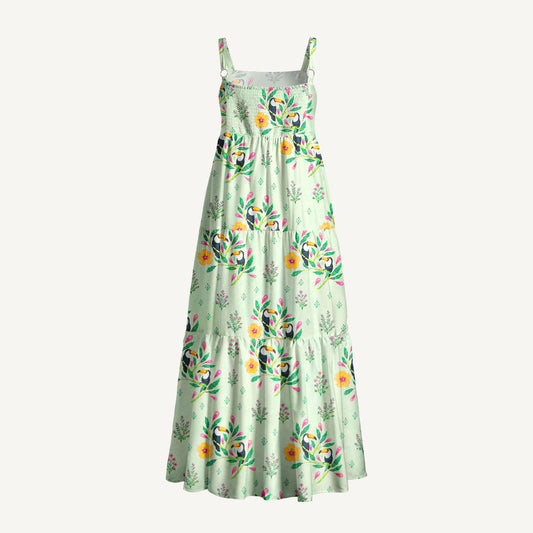 Tropical Toucan Garden Print Wide Straps Maxi Dress With Pockets