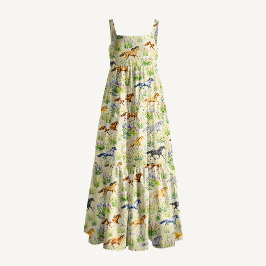 Multicolor Wild Horses Print Wide Straps Maxi Dress With Pockets