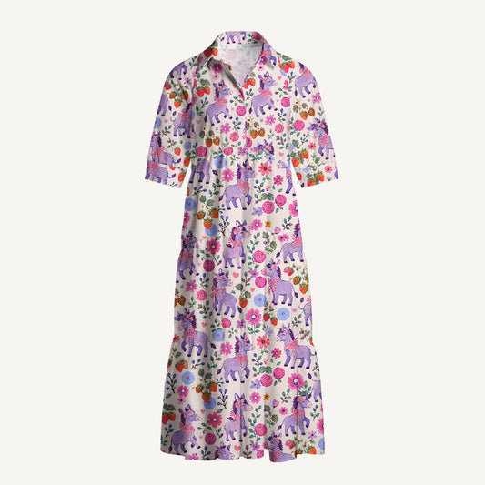 Strawberry Blossom Donkeys Print Casual Midi Dress With Pockets