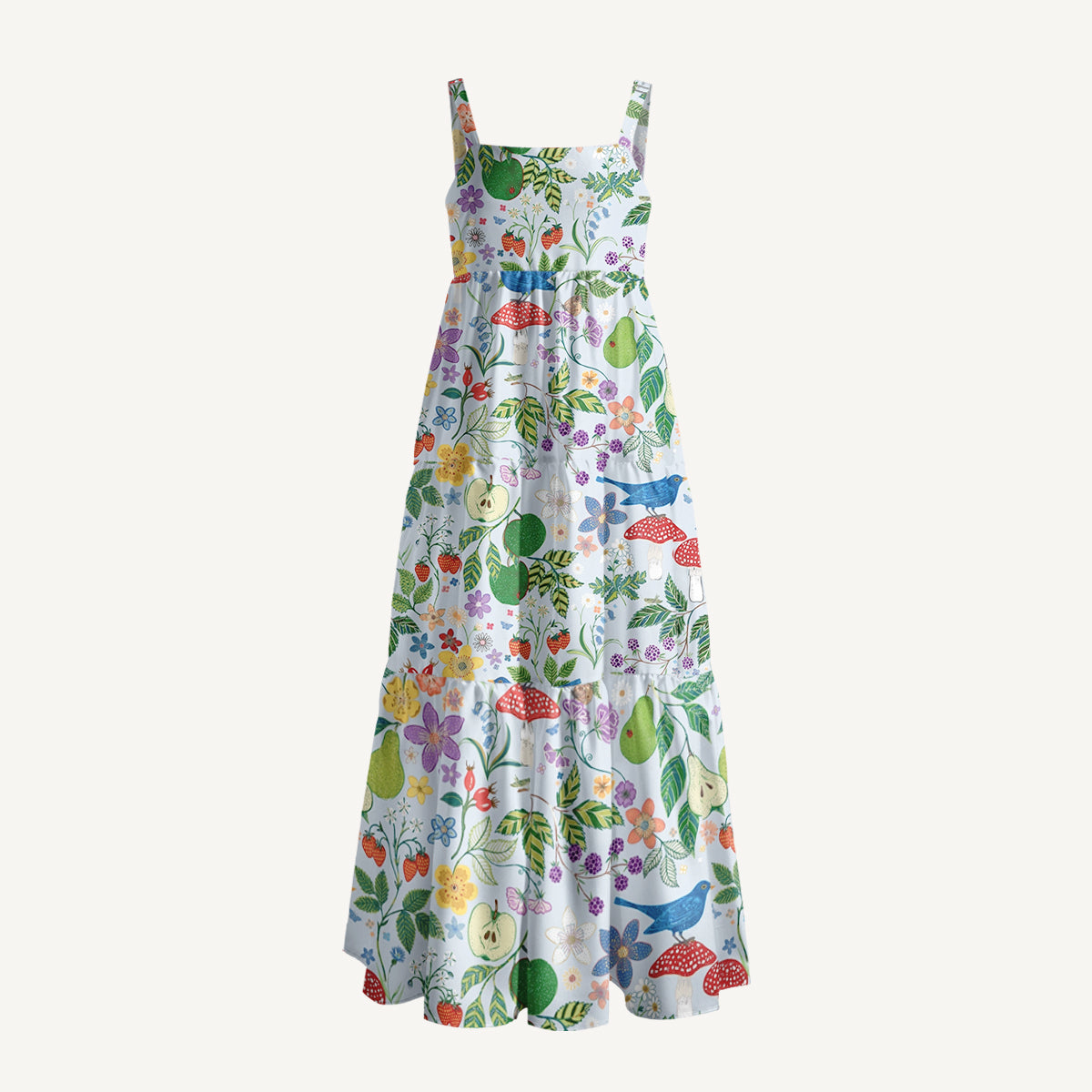 Birds Pear Mushroom Print Wide Straps Maxi Dress With Pockets