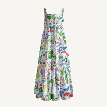 Birds Pear Mushroom Print Wide Straps Maxi Dress With Pockets