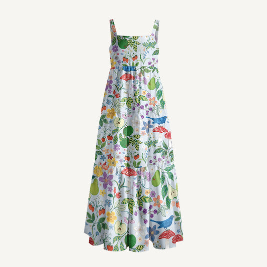 Birds Pear Mushroom Print Wide Straps Maxi Dress With Pockets