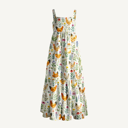 Watercolor Chickens Leaves Print Wide Straps Maxi Dress With Pockets