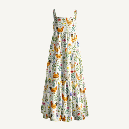 Watercolor Chickens Leaves Print Wide Straps Maxi Dress With Pockets