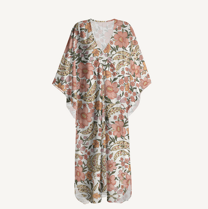 V‑Neck Amber Bloom Kimono Sleeve Kaftan Dress