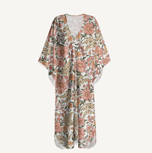 V‑Neck Amber Bloom Kimono Sleeve Kaftan Dress