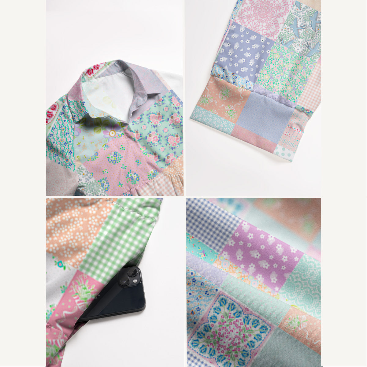 Vintage Quilt Patchwork Midi Dress For Women With Pockets