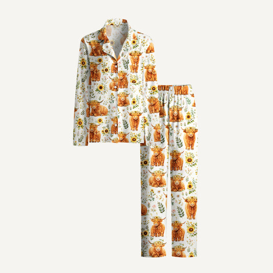 Spring Highland Cow Floral Print Long Pajama Set