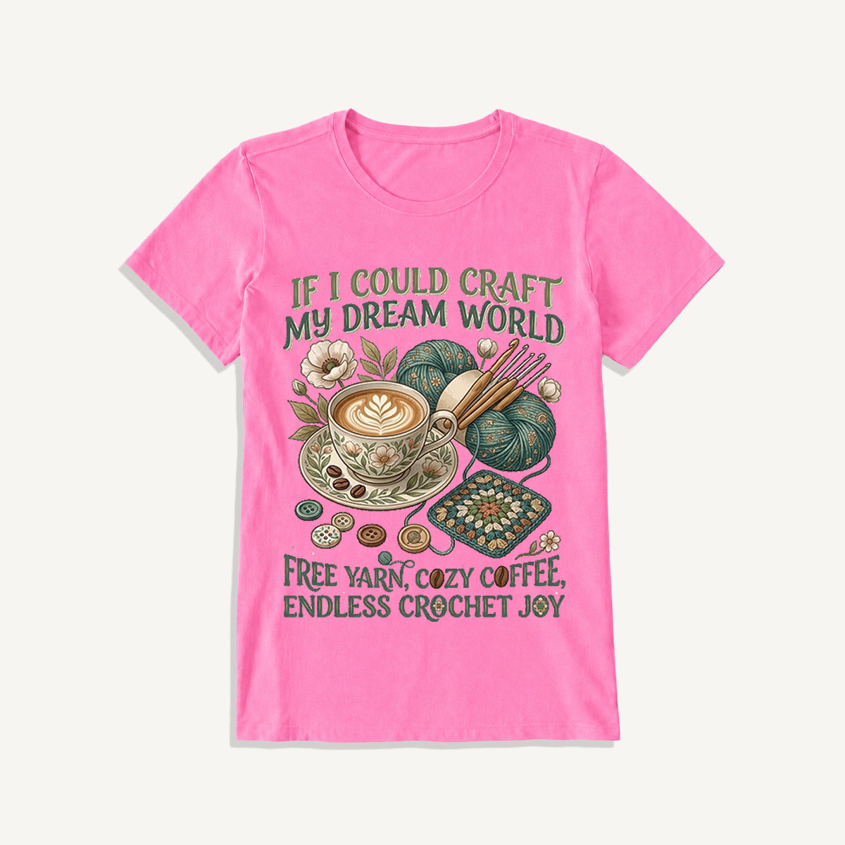 Cozy Coffee Crochet Dream Print Crew Neck Cotton Tee