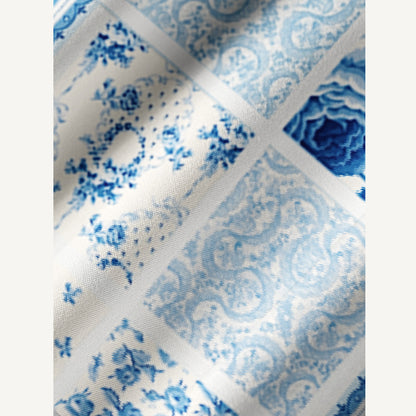 Delft Blue Floral Patchwork Print Boho Tie‑Neck Smock Mini Dress