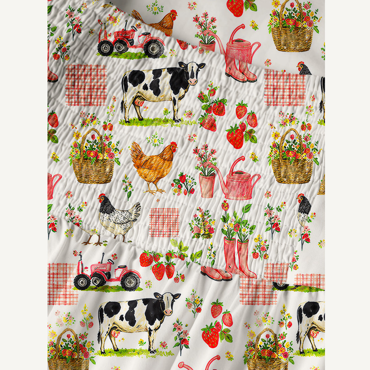 Watercolor Pink Farm Chicken Cow Print Cotton Wide Straps Maxi Dress With Pockets