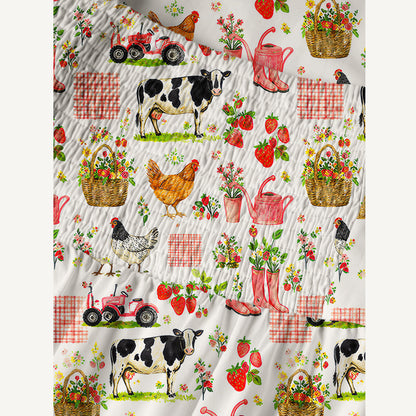 Watercolor Pink Farm Chicken Cow Print Cotton Wide Straps Maxi Dress With Pockets