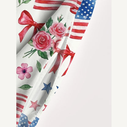 Patriotic Floral Bows Print Wide Straps Maxi Dress With Pockets