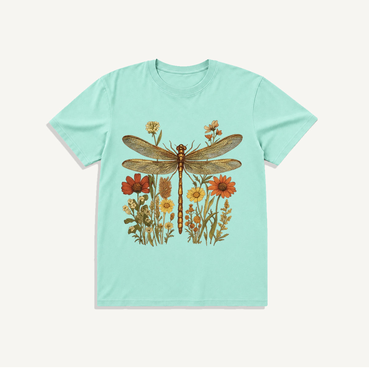 Vintage Dragonfly Blooms Print Crew Neck Cotton Tee