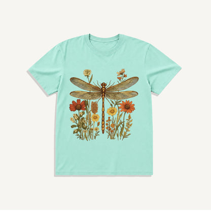 Vintage Dragonfly Blooms Print Crew Neck Cotton Tee