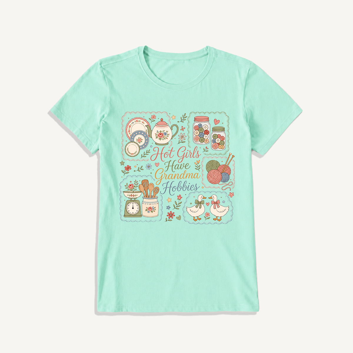 Grandma Hobbies Craft Cottage Print Crew Neck Cotton Tee