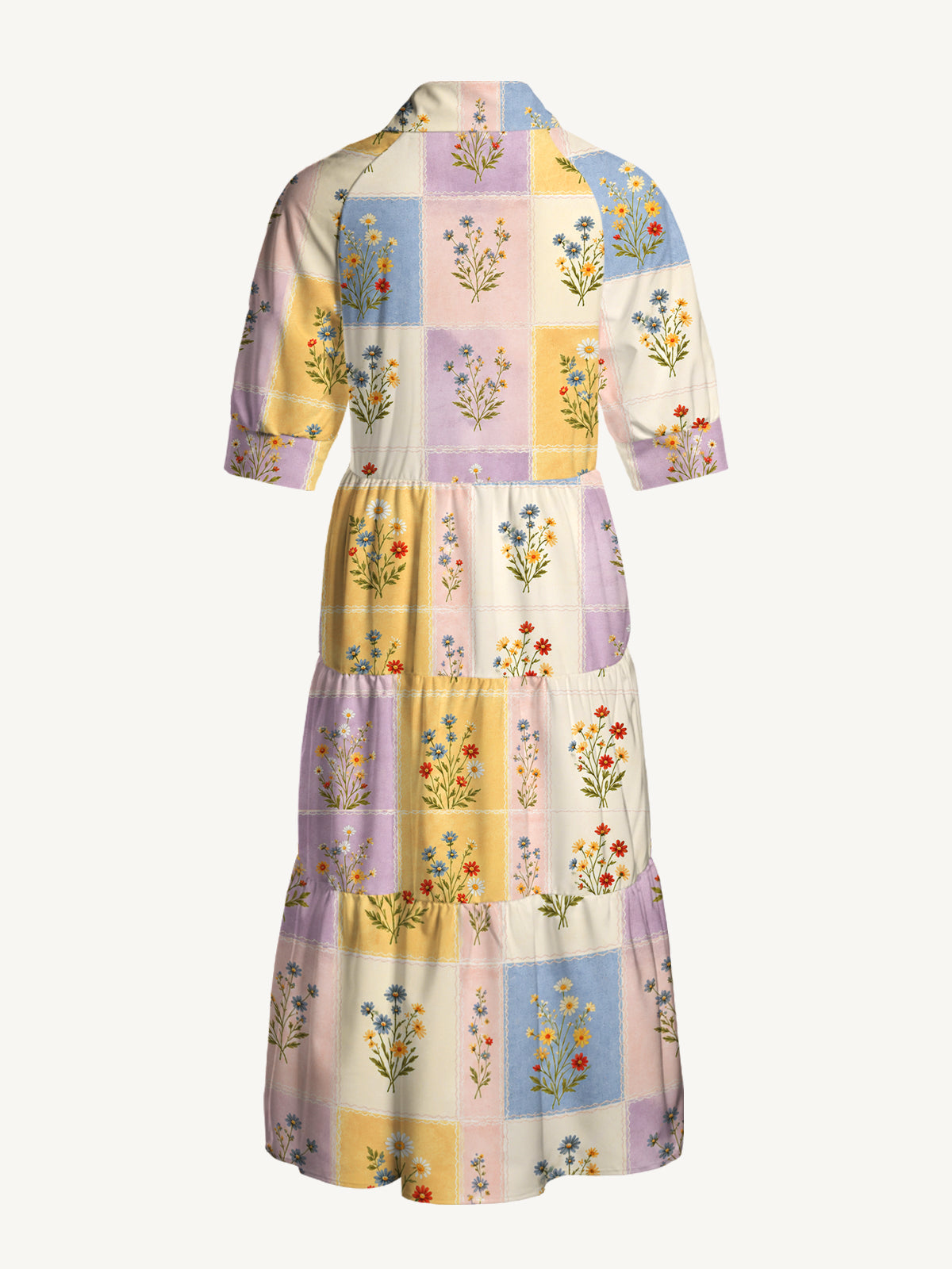 V Neck Collared Soft Pastel Check Wildflower Print Casual Midi Dress With Pockets