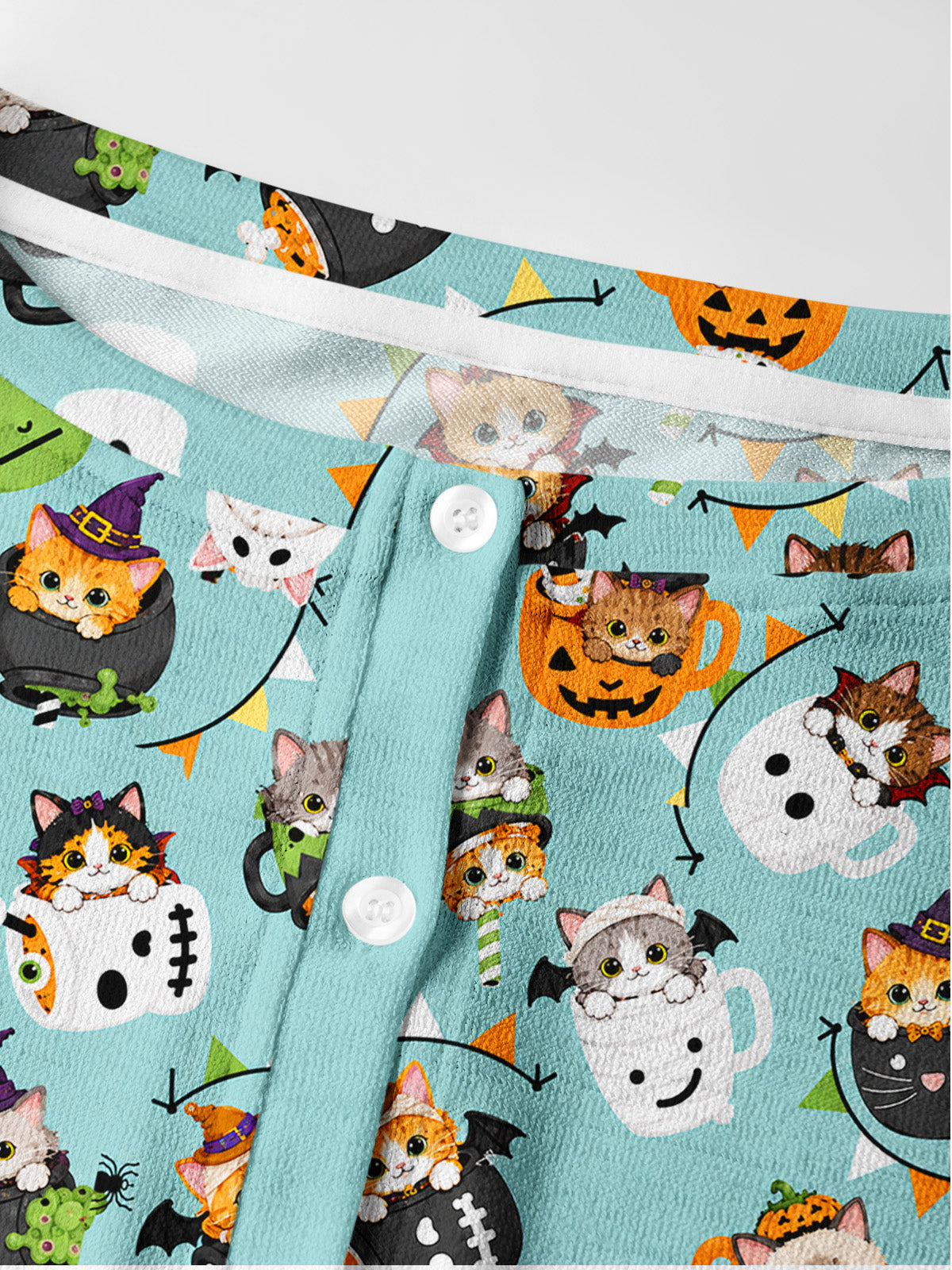 Lightweight Crew Neck Long‑Sleeve Cropped Mint Pumpkin Kitty Halloween Fun Print Fine‑Knit Cardigan