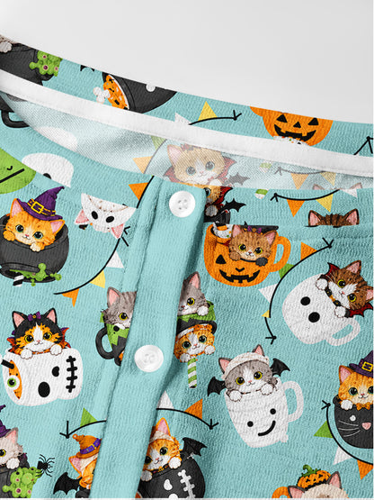 Lightweight Crew Neck Long‑Sleeve Cropped Mint Pumpkin Kitty Halloween Fun Print Fine‑Knit Cardigan