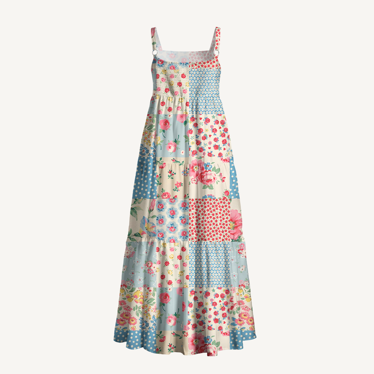 Square Neck Pastel Patc Print Wide Straps Maxi Dress With Pockets