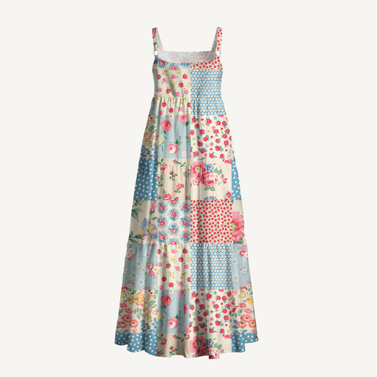 Square Neck Pastel Patc Print Wide Straps Maxi Dress With Pockets