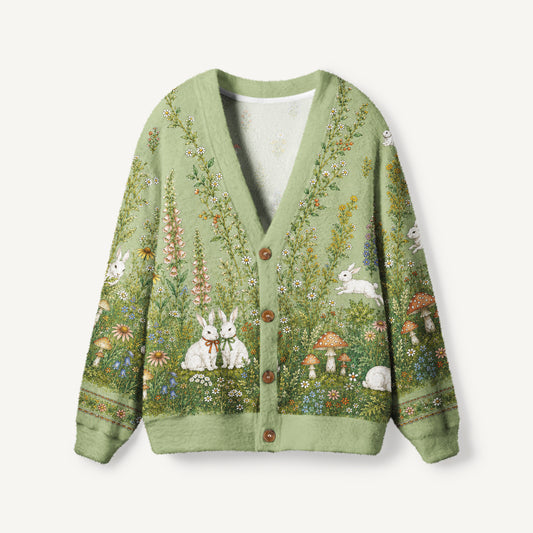 Bunny Meadow Garden Print Ugly Cardigan Sweaters