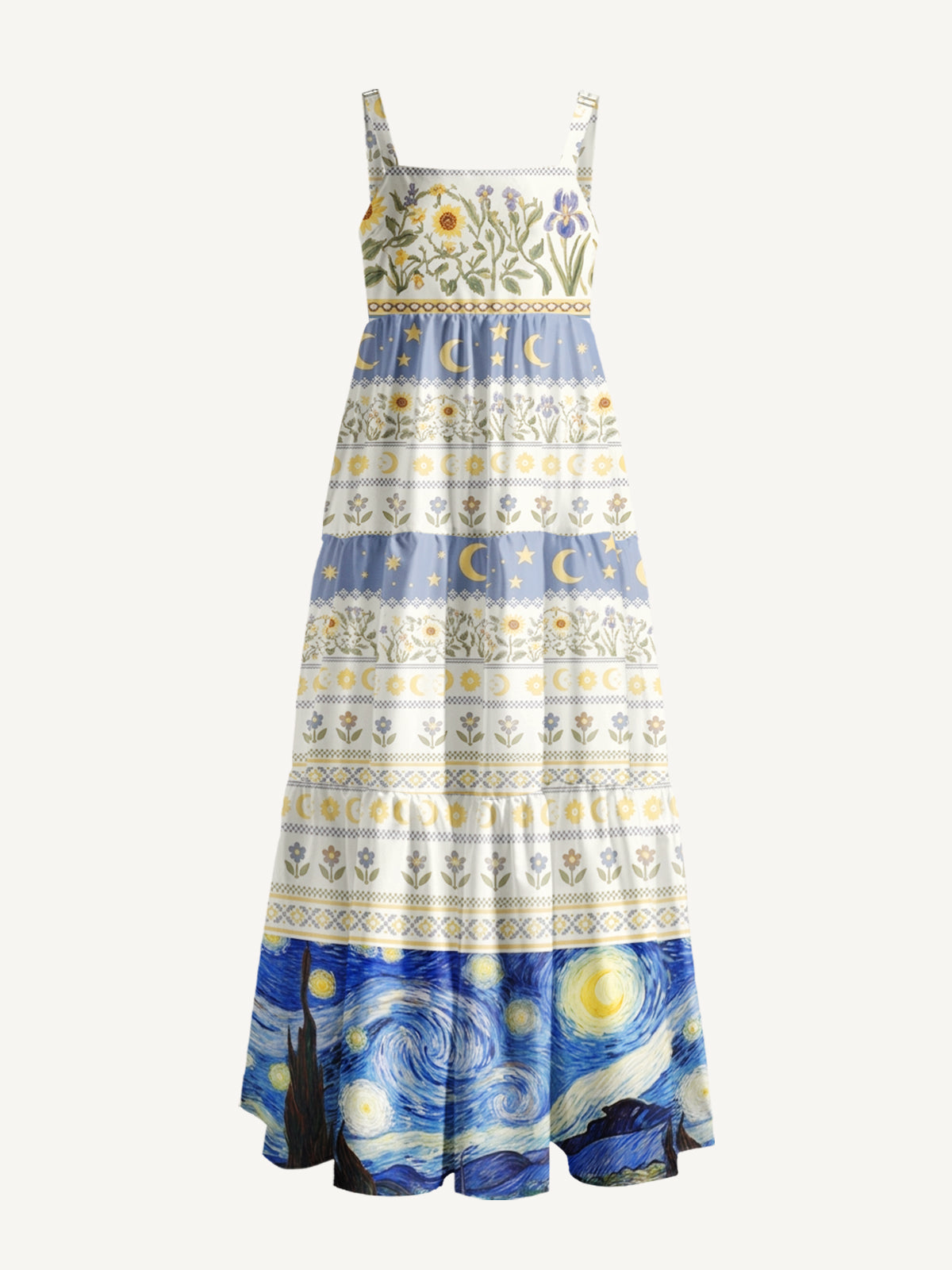 Starry Night Flower Field Print Wide Straps Maxi Dress With Pockets