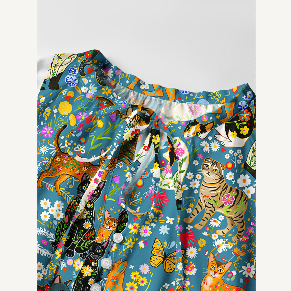 Colorful Garden Cat Pattern Print Boho Tie‑Neck Smock Mini Dress