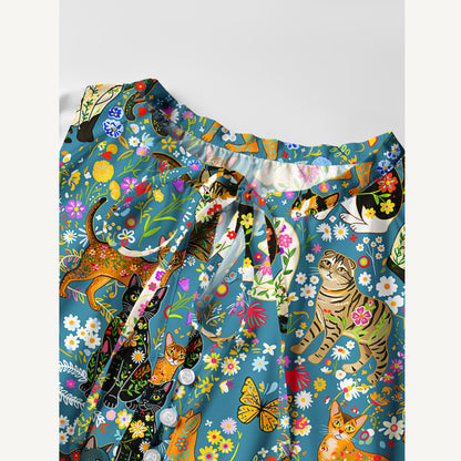 Colorful Garden Cat Pattern Print Boho Tie‑Neck Smock Mini Dress
