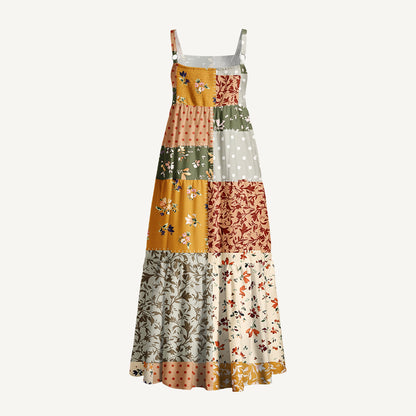 Rustic Floral Patchwork Print Wide Straps Maxi Dress With Pockets