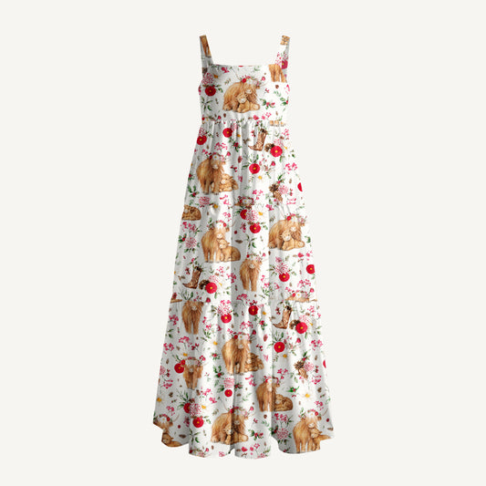 Meadow Highland Cow Print Wide Straps Maxi Dress With Pockets