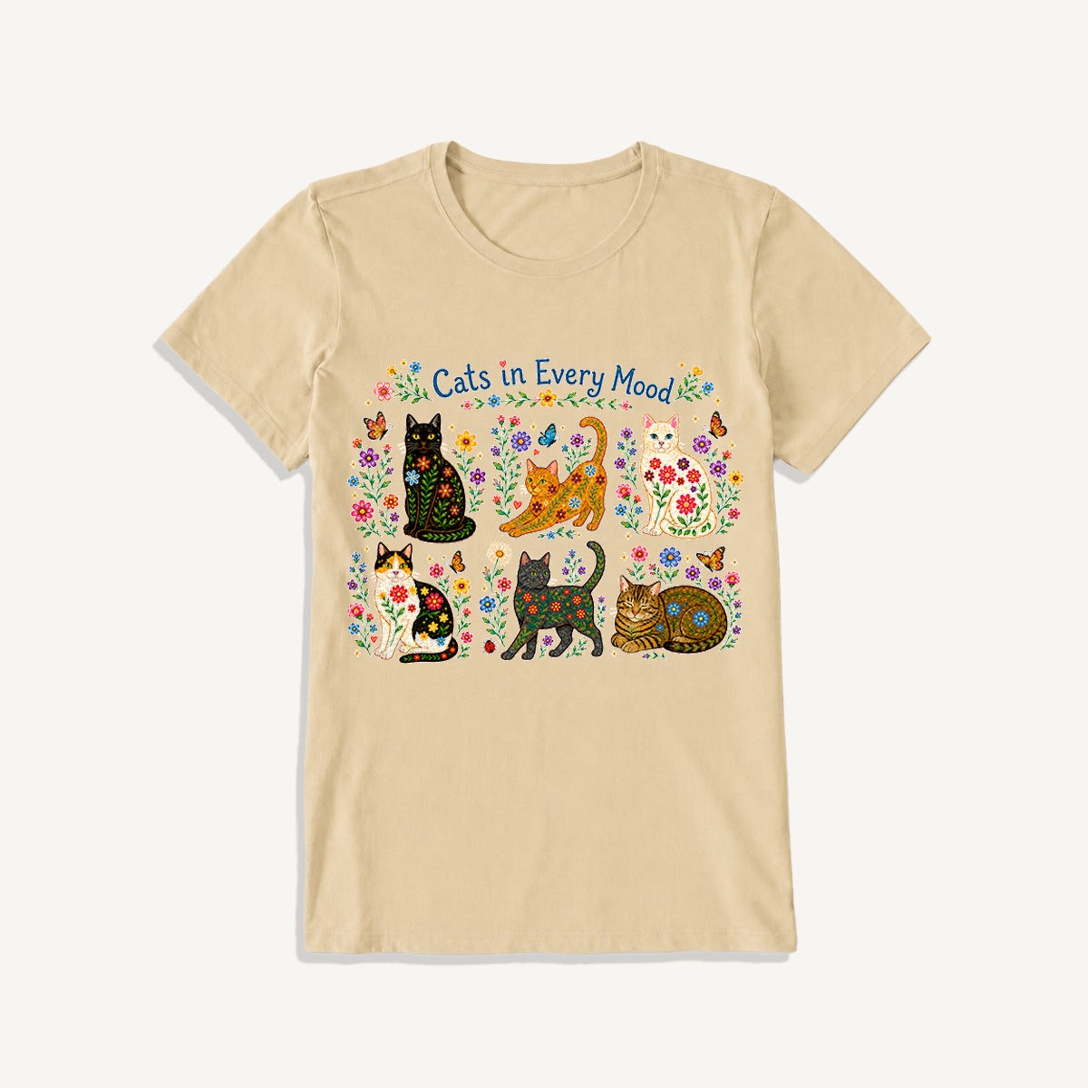 Cats in Every Mood Print Crew Neck Cotton Tee