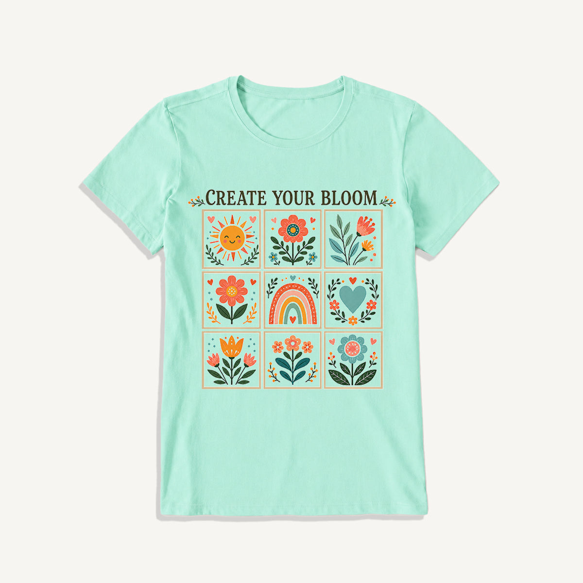 Folk Art Bloom Grid Print Crew Neck Cotton Tee
