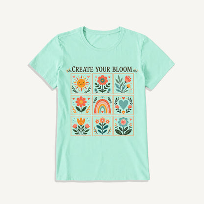 Folk Art Bloom Grid Print Crew Neck Cotton Tee