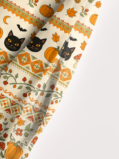 Autumn Fair Isle Pumpkin & Black Cat Print Wide Straps Maxi Dress With Pockets