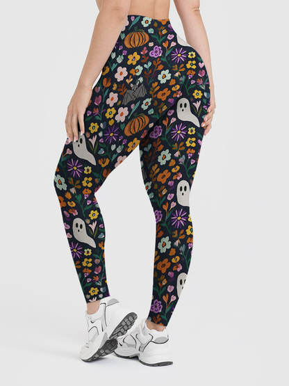 Vintage Dark Floral Ghost Bat Autumn Vintage Flower Halloween Leggings